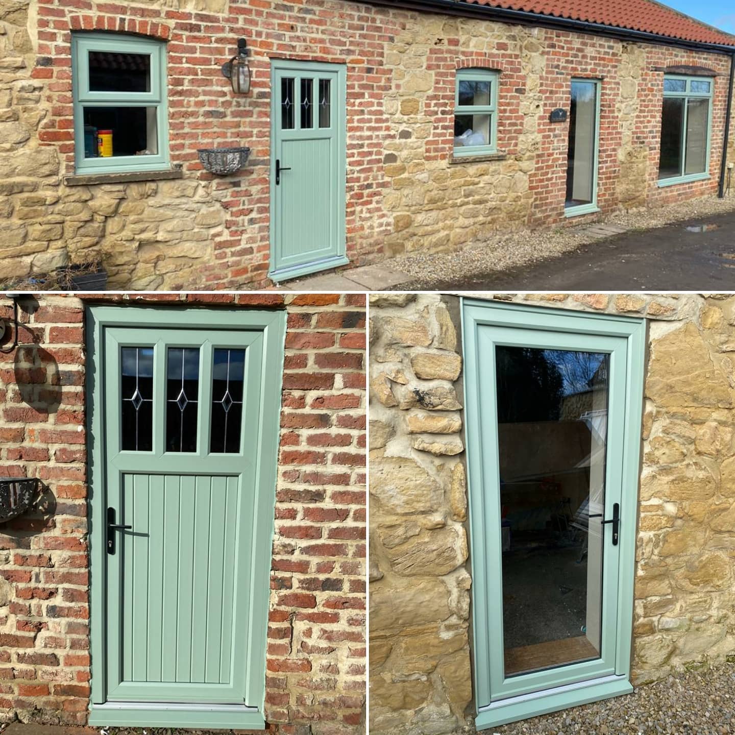 Green stable door and windows on a stone and brick cottage, with two close-ups of the doors